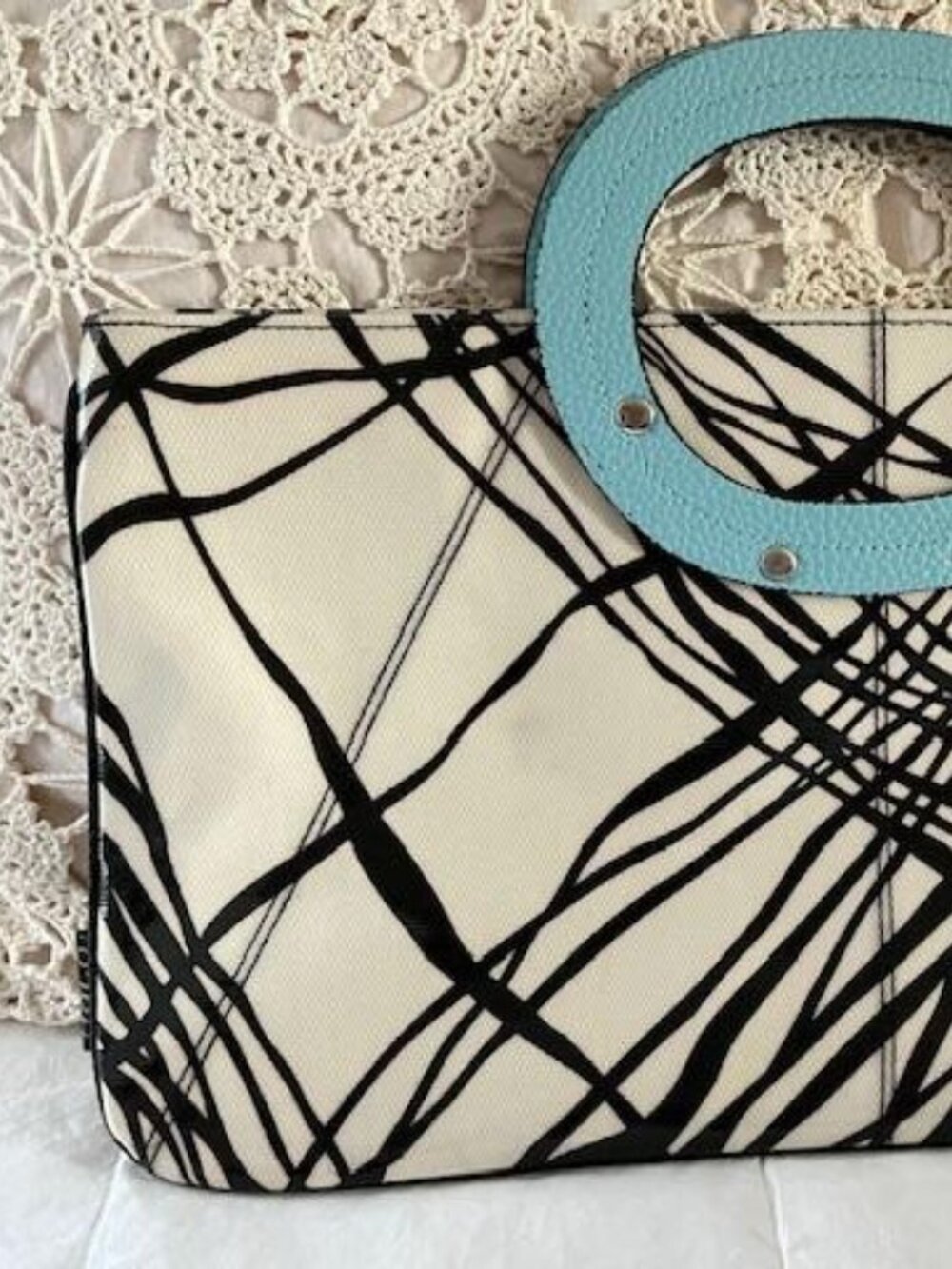 Halo Black & White Modern Design Handbag w/Turquoise Handle & Interior/Vintage - Picture 2 of 4